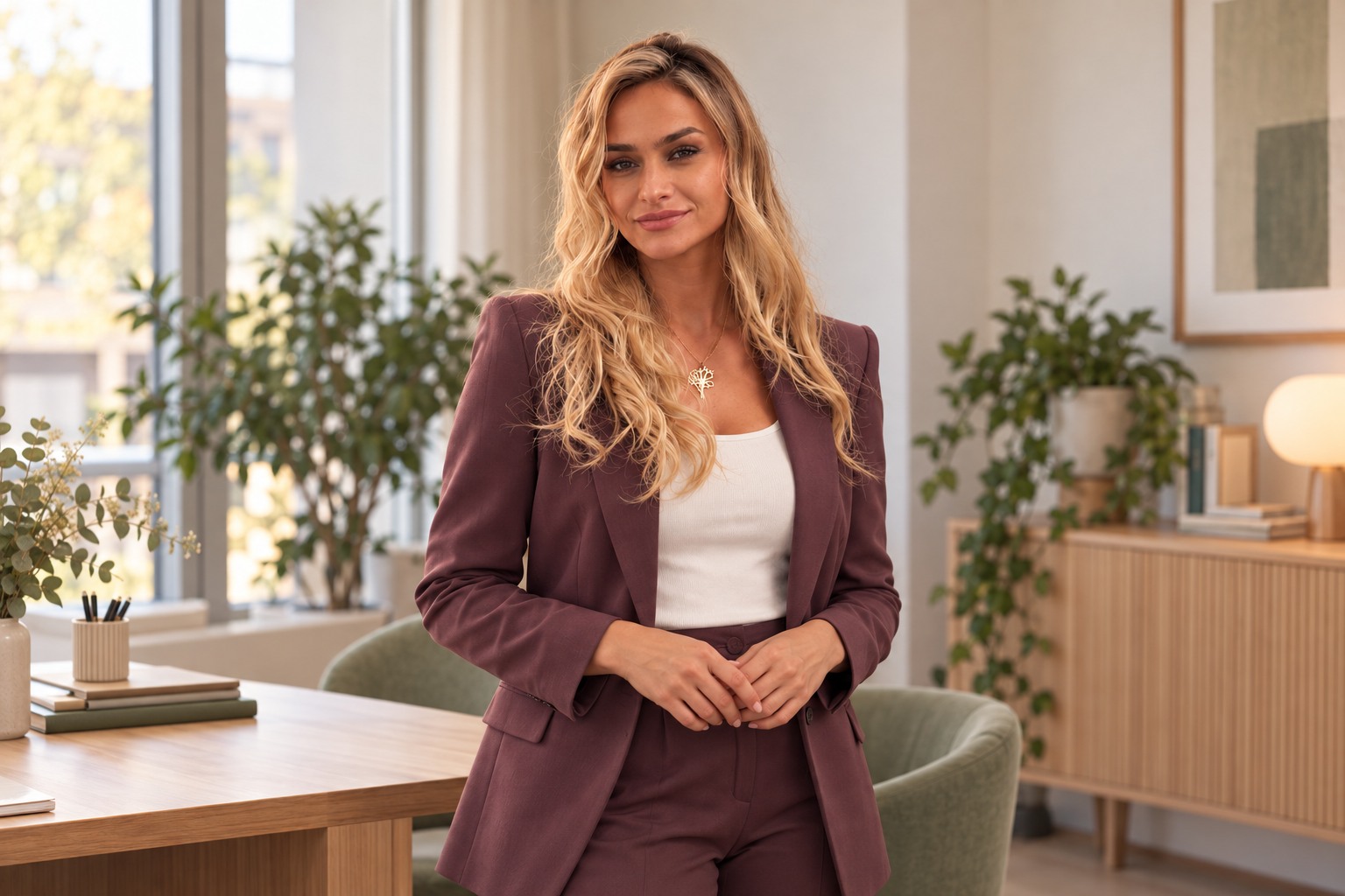 Zoe in a plum blazer in her office – AI-generated scene
