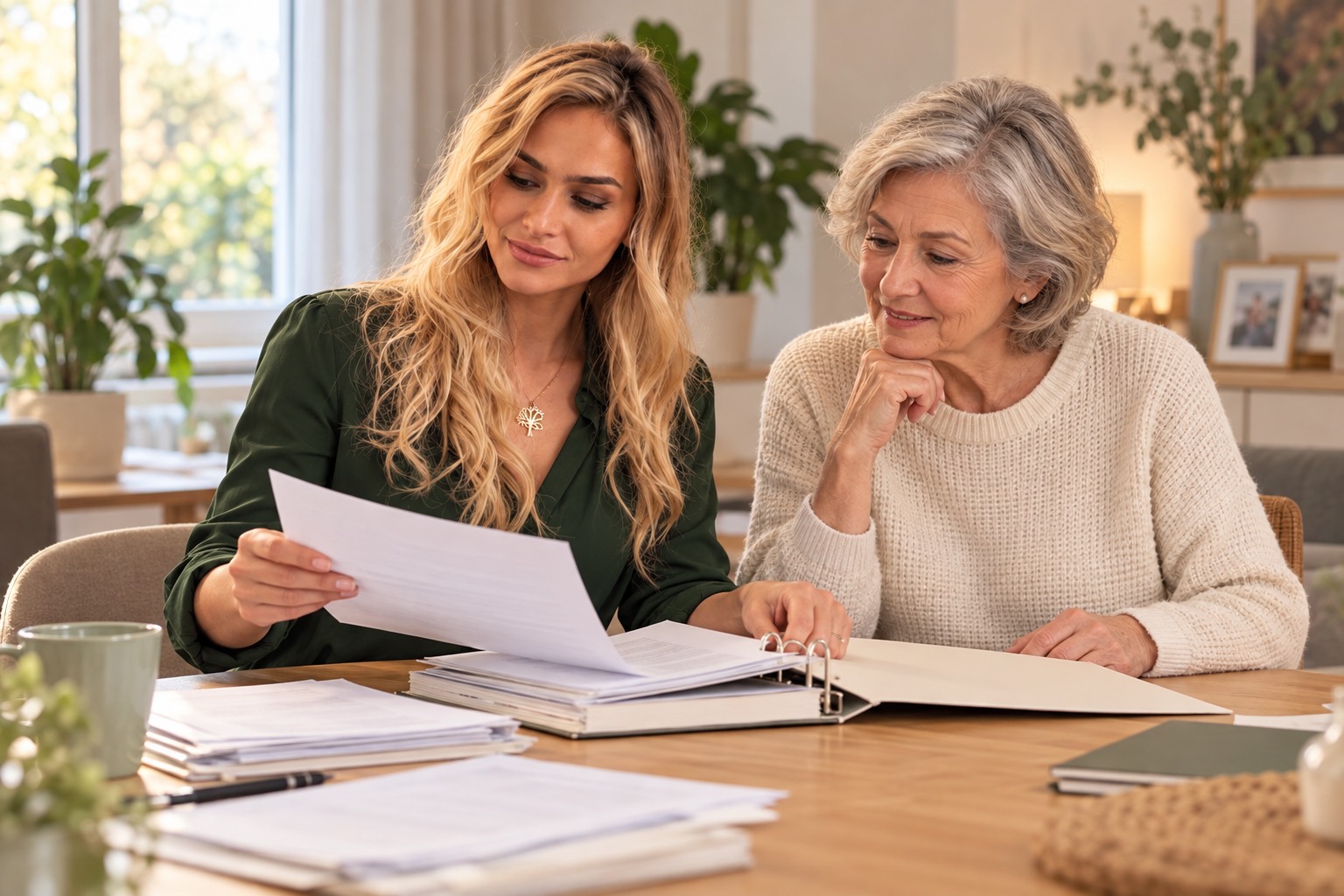 Zoe sorting application documents with an older woman – AI-generated scene