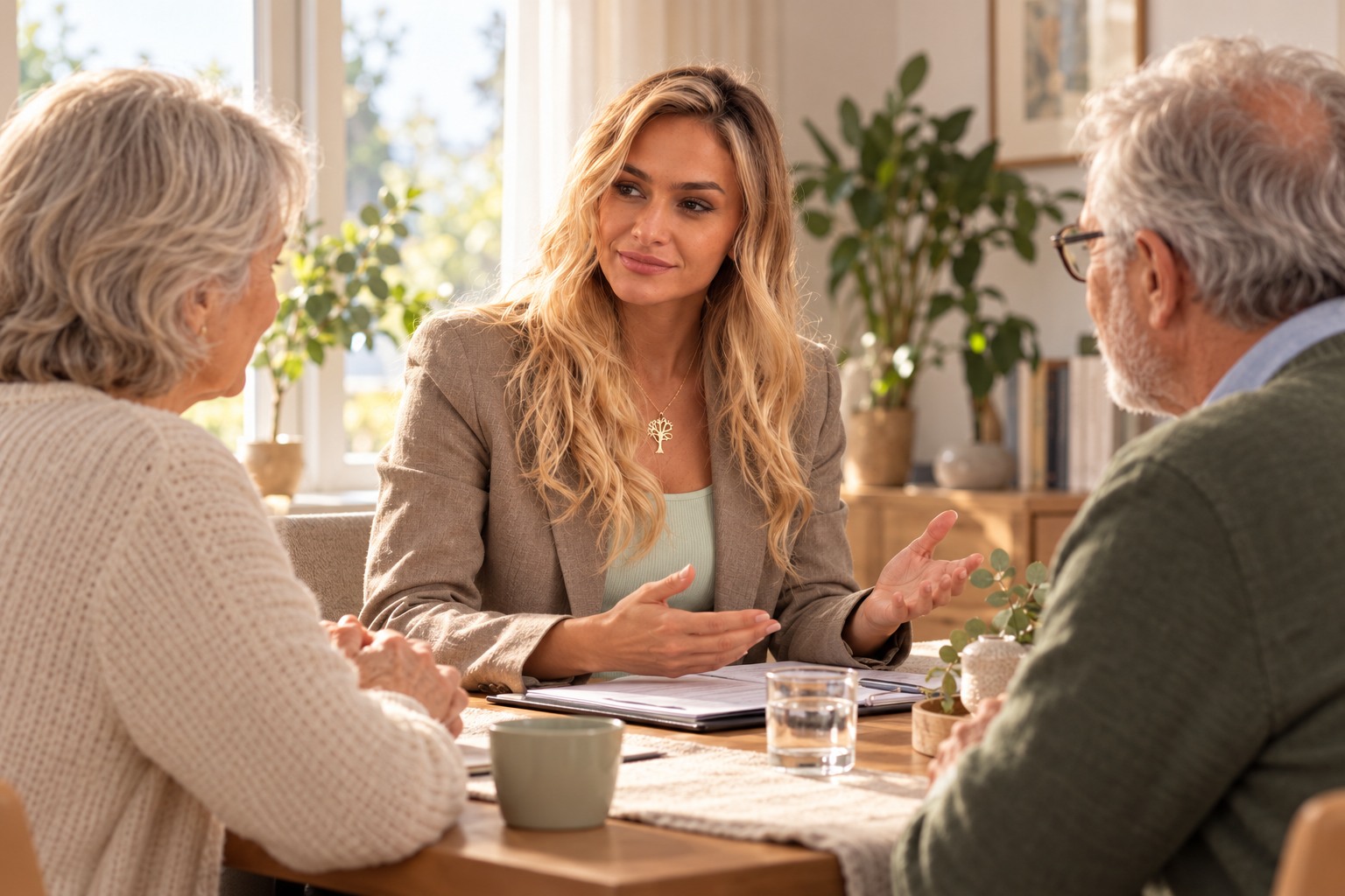 Zoe discussing care questions with an older couple – AI-generated scene