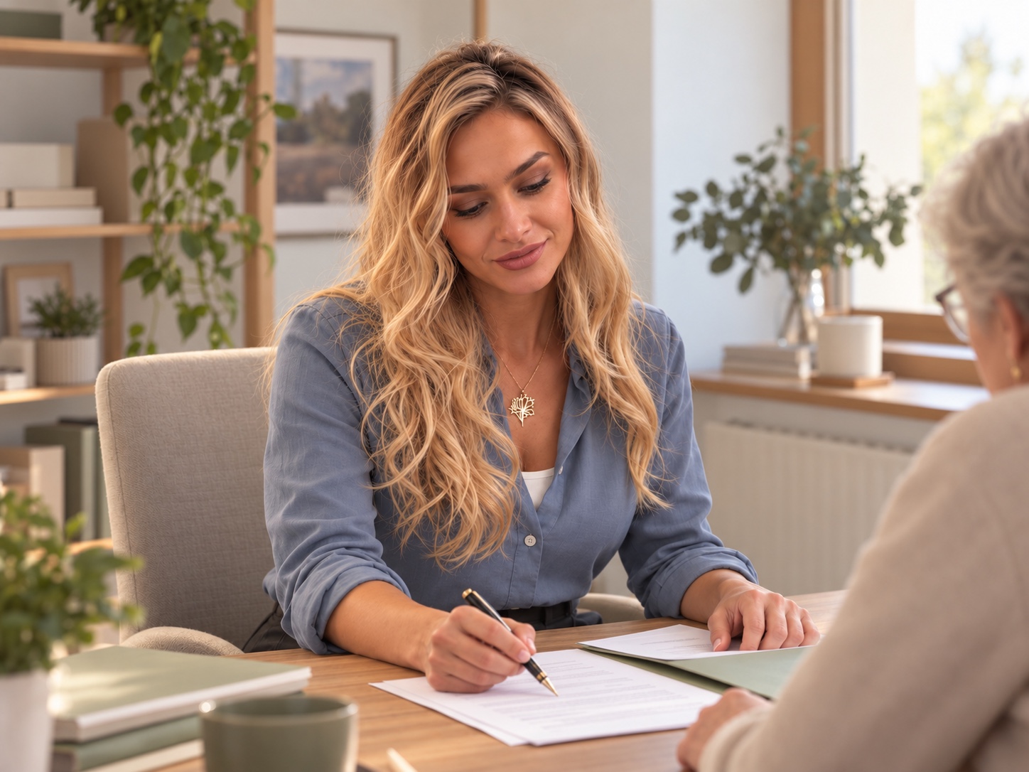 Zoe goes through documents with an older woman – AI-generated consultation scene