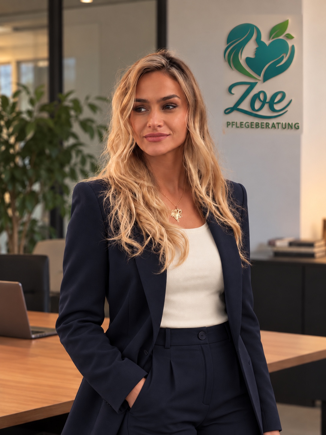 Zoe, ofisinde lacivert iş ceketiyle – yapay zekâyla oluşturulmuş kıyafet varyasyonu