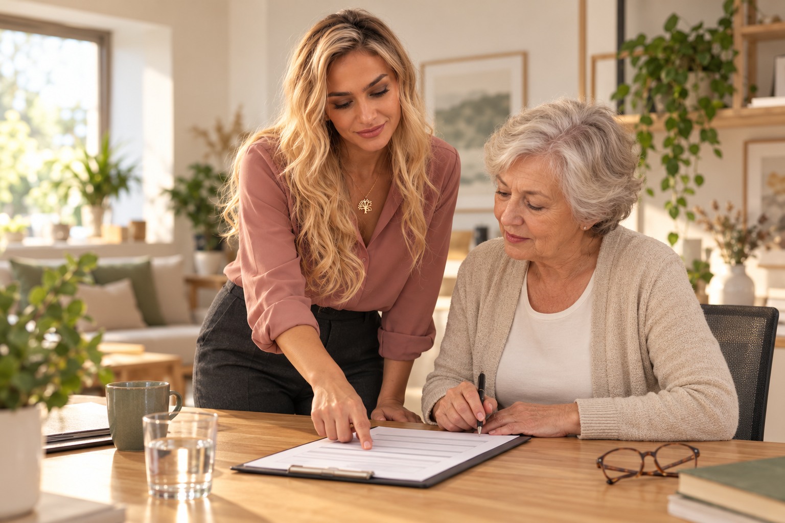 Zoe explaining an application to an older woman – AI-generated scene