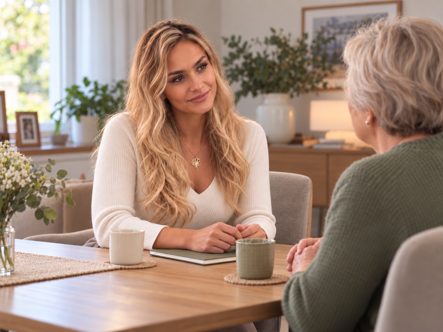 Zoe listens attentively to an older woman – AI-generated consultation scene